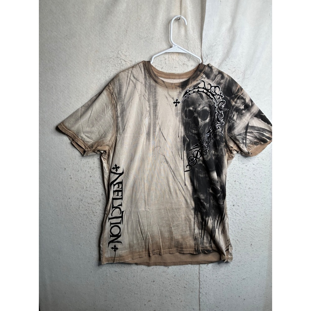 Affliction Live Fast Mens XL T-Shirt Skulls Flocked Graphic Y2K Biker Tan Black